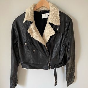 Faux leather jacket with shearling-like collar.
